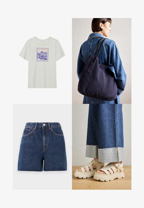 Kreemikaalane puuvillane t-särk, millel on lilla ja oranž graafika hotellist, raamitud nagu postitempel. Lühikesed varrukad, ümar kaelus.; Tumed sinised teksapüksid lühikesed, kõrge vöökoht, viis taskut, vaskne riistvara ja kontrastsed õmblused. Tooriku ääristamine lisab tekstuuri.; Beige platvormsandaalid paksude tallatega, omaduste seas on rihmadega disain ja reguleeritavad pahkluu rihmad. Üks alläär on purunenud laia jalgadega teksapükste juures.; Tumesinise kangast õlalauk, millel on pehme, struktureeritud kuju, must rihm, tikandiga detailid ja väike brändi silt.