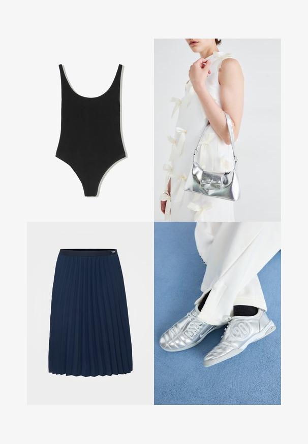 Črn enodelni kopalni kostim z globokim izrezom, brezšivno zasnovo in visokimi izrezi na nogah, izdelan iz gladkega, teksturiranega materiala.; Tommy Hilfiger Curve FLUID PLEATED MIDI SKIRT - Plisirano krilo - dark night navy; Srebrni atletski čevlji z gladkim, sijočim zaključkom, z našitim dizajnom in številko 90 na strani, v kombinciji z belimi hlačami.; Srebrna metalna torbica z oblikovano strukturo, ki ima zgornji ročaj in detajl v obliki mašne spredaj. Gladka tekstura, z odsevnimi površinami.; Srebrni kovinski uhani z valovitim, skulpturalnim dizajnom, ki se ponašajo s poliranim zaključkom in nerednimi oblikami, kar poudarja sodobno estetiko.