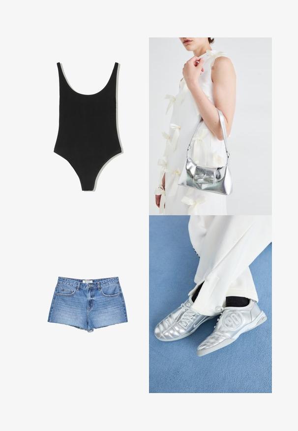 Čierny jednopiece plavky s hlbokým výstrihom, bezšvovým dizajnom a vysokými nohavicami, vyrobené z hladkej, textúrovanej látky.; Džínsy šortky vo svetlom modrom prania, s roztrhnutým lemom, klasickým piatym vreckovým dizajnom a gombíkovým zapínaním na prednej strane.; Strieborné atletické topánky s hladkým, lesklým povrchom, zdobené prešitím a číslom 90 na boku, skombinované s bielymi nohavicami.; Strieborná metalická kabelka so štruktúrovaným tvarom, ktorá má hornú rukoväť a mašľu na prednej strane. Hladká textúra, reflexný povrch.