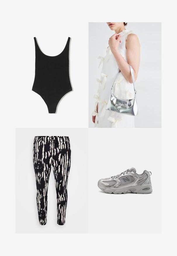 Fekete egyberészes fürdőruha, kerek nyakkivágással, varrás nélküli kialakítással és magas szabású lábnyílásokkal, sima, textúrált anyagból készült.; Fekete-fehér mintás nadrág, állítható derékkal, függőleges csíkozású dizájnnal és karcsú fazonnal a lábakon.; Ezüst sportcipők, hálós felsőrésszel, könnyű kialakítással, párnázott bokarésszel és struktúrált talppal, amelyen "ABZORB" felirat található.; Ezüst fémes kézitáska, struktúrált formával, felső fogantyúval és masnis részlettel az elején. Simaságával és fényes felületével tűnik ki.