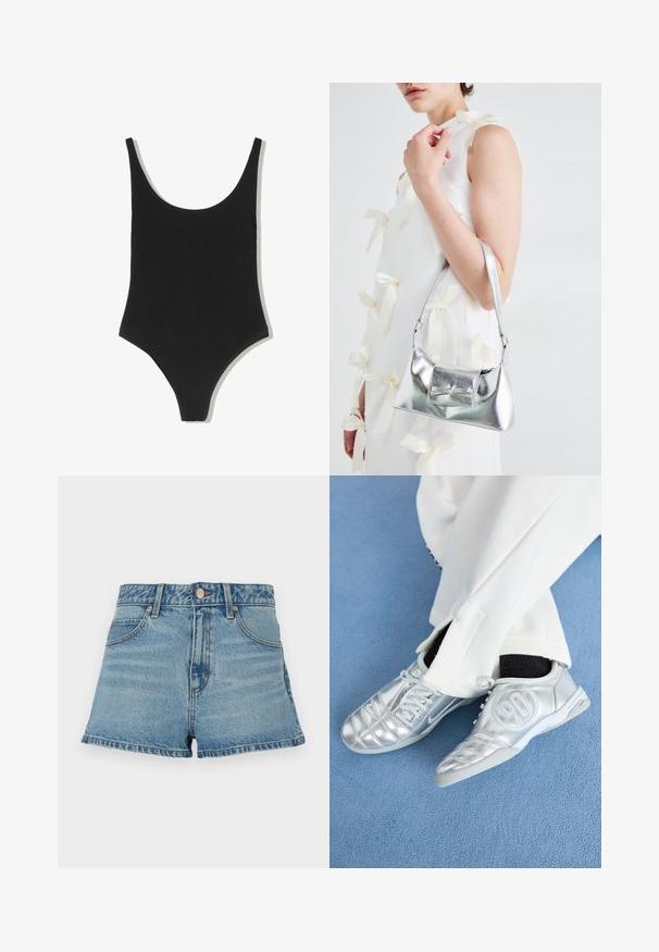Zwarte éénstuk zwempak met een scoop halslijn, naadloos ontwerp en hoge beenopeningen, gemaakt van een gladde, textuurstof.; Lichtblauwe denim shorts met een hoge taille, rafelige zoom, contrasterende stiksels en voorzakken. Inclusief een metalen knoop en merklabel.; Zilveren sportschoenen met een gladde, glanzende afwerking, voorzien van een gestikt ontwerp en het nummer 90 aan de zijkant, gecombineerd met witte broek.; Zilveren metallic handtas met een gestructureerde vorm, voorzien van een bovenhandvat en een strikdetail aan de voorkant. Gladde textuur, reflecterende afwerking.