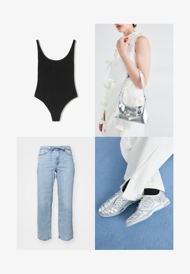 Czarny jednoczęściowy strój kąpielowy z głębokim dekoltem, bezszwowym designem i wysokimi wycięciami na udach, wykonany z gładkiego, teksturowanego materiału.; Jasnoniebieskie dżinsy z luźnym krojem prostym, pięcioma kieszeniami i pasem z szlufkami na pasek. Zniszczony efekt z delikatnym przetarciem.; Srebrne buty sportowe o gładkim, błyszczącym wykończeniu, z wyszywanym wzorem i numerem 90 po boku, zestawione z białymi spodniami.; Srebrna metaliczna torebka o strukturalnym kształcie, wyposażona w górną rączkę i detal w postaci kokardy z przodu. Gładka tekstura, odbijające światło wykończenie.; Srebrne kolczyki w kształcie obręczy z gładkim, wypolerowanym wykończeniem. Okrągły kształt z lekko zakrzywionym wzornictwem i zaokrąglonymi krawędziami. Zapięcie na szpilkę.