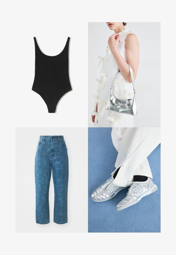 Czarny jednoczęściowy strój kąpielowy z głębokim dekoltem, bezszwowym designem i wysokimi wycięciami na udach, wykonany z gładkiego, teksturowanego materiału.; Jasnoniebieskie dżinsy o subtelnej wzorzystej strukturze, z wysokim stanem i prostymi nogawkami. Posiadają zapięcie na guzik i zamek z przodu.; Srebrne buty sportowe o gładkim, błyszczącym wykończeniu, z wyszywanym wzorem i numerem 90 po boku, zestawione z białymi spodniami.; Srebrna metaliczna torebka o strukturalnym kształcie, wyposażona w górną rączkę i detal w postaci kokardy z przodu. Gładka tekstura, odbijające światło wykończenie.