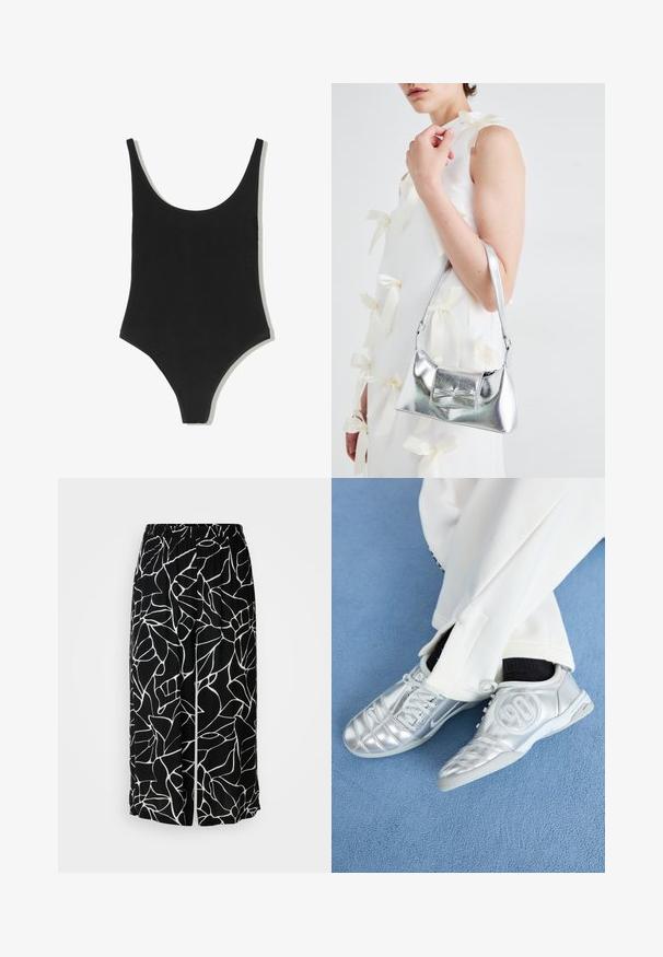 Črn enodelni kopalni kostim z globokim izrezom, brezšivno zasnovo in visokimi izrezi na nogah, izdelan iz gladkega, teksturiranega materiala.; Črne široke hlače z belim abstraktnim vzorcem, narejene iz lahkega materiala z elastičnim pasom za udobje.; Srebrni atletski čevlji z gladkim, sijočim zaključkom, z našitim dizajnom in številko 90 na strani, v kombinciji z belimi hlačami.; Srebrna metalna torbica z oblikovano strukturo, ki ima zgornji ročaj in detajl v obliki mašne spredaj. Gladka tekstura, z odsevnimi površinami.