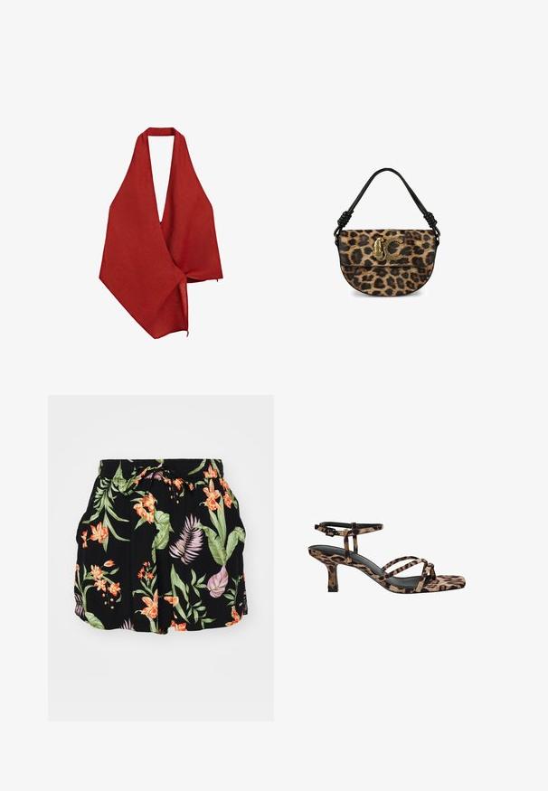 Enveloppe en lin rouge avec un décolleté en V profond. Tissu léger et texturé qui tombe de manière asymétrique, avec une finition à bord brut.; Shorts noirs arborant un motif floral coloré avec des éléments orange et vert, taille élastique avec cordon de serrage et poches latérales.; Sandales à talons imprimées léopard avec un bout carré, plusieurs brides et un talon de hauteur intermédiaire. Fabriquées en matériau textile doux.; Sac à main en motif léopard avec une poignée en cuir noir, doté d'un accent logo doré. Tissu texturé et forme arrondie.