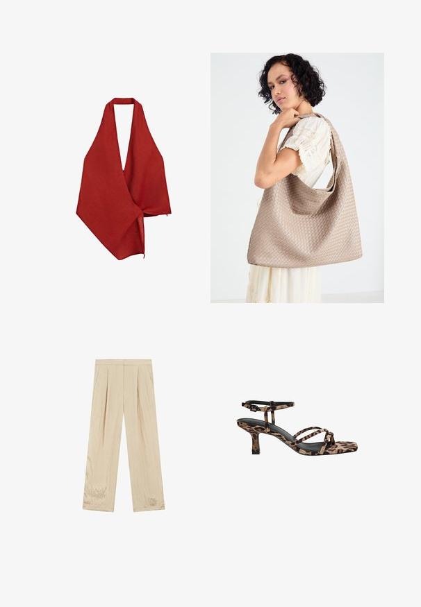 Involucro di lino rosso con un design a profonda scollatura a V. Tessuto leggero e strutturato che cade in modo asimmetrico, con un bordo grezzo.; Pantaloni beige a gamba larga con pieghe; realizzati in un tessuto testurizzato con una lucentezza sottile; orlo dritto; senza tasche visibili o decorazioni.; Sandali con tacco in stampa leopardata, con punta quadrata, multiple cinghie e un tacco di altezza media. Realizzati in morbido materiale tessile.; Borsa tote beige intrecciata con un design morbido e una sola tracolla. Presenta un motivo Texturizzato su tutta la superficie.