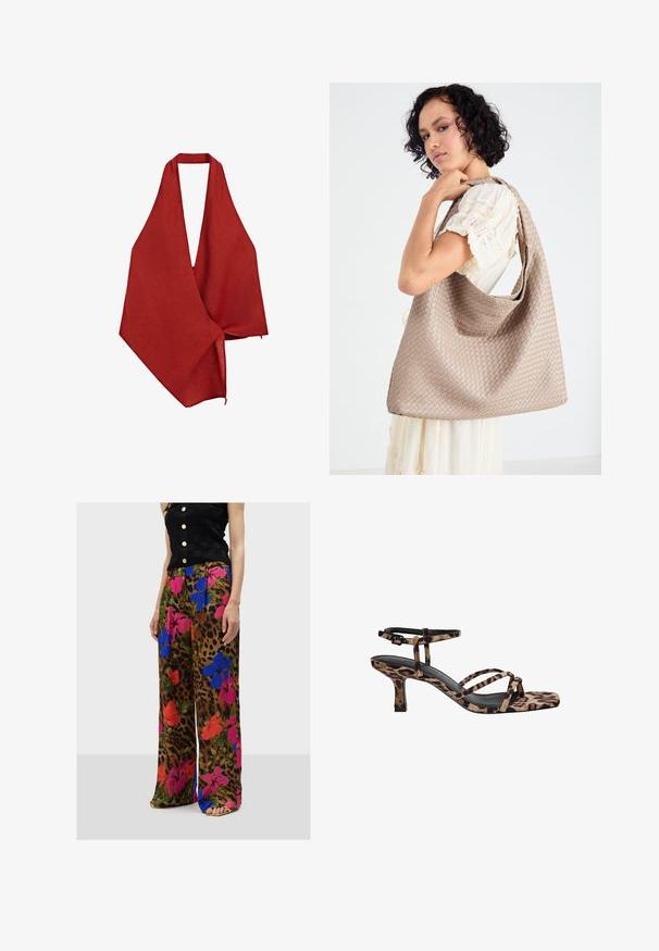 Rode linnen wikkel met een diepe V-hals ontwerp. Lichtgewicht, gestructureerde stof valt asymmetrisch en heeft een onbewerkte randafwerking.; Bloemenprint pantalon met wijde pijpen en een luipaardpatroon, met levendige roze, blauwe en rode bloemen op een bruine achtergrond.; Luipaardprint hakken met een vierkante neus, meerdere bandjes en een middelhoge hak. Gemaakt van zacht textielmateriaal.; Geweven beige draagtas met een slungelige vorm en een enkele schouderband. Kenmerkt zich door een textuurpatroon over het hele oppervlak.