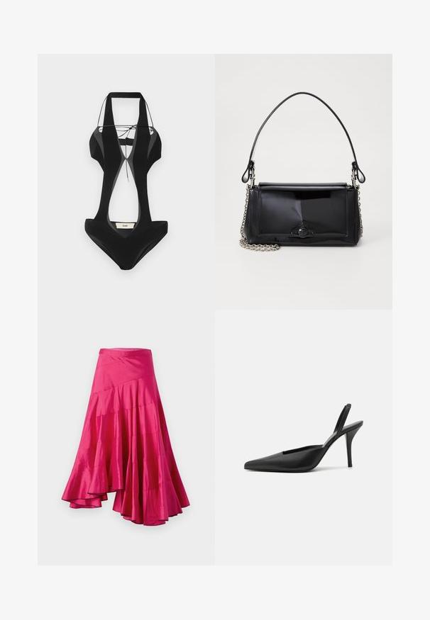 Fekete fürdőruha kivágott oldalakkal, vastag pántokkal és V-nyakkivágással. Sima anyagból készült, a hátsó részen márkás címkével.; Magenta szatén szoknya fodros szegéllyel, rétegelt panelekkel és aszimmetrikus kialakítással. Sima textúra és középhosszú fazon.; Fekete pántos magassarkú cipők, hegyes orral, sima bőrből készült anyaggal és letisztult, minimalista dizájnnal. Magas tűs sarok.; Fekete lakkbőr kézitáska téglalap alakú, láncos vállpánttal és középen egy jellegzetes fém díszítéssel. Simaszerkezet.; Kéréknyakú, mélyvörös ruha sima textúrával. Gyöngy nyaklánc díszes ezüst kiegészítővel a közepén.