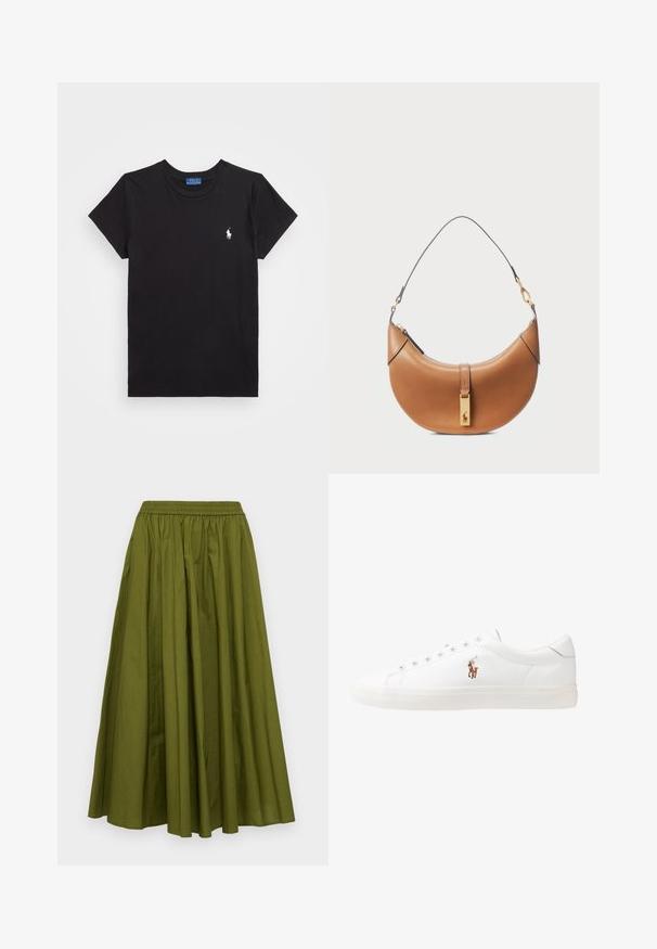 Schwarzes Baumwoll-T-Shirt mit Rundhalsausschnitt, kurzen Ärmeln und einem weißen gestickten Logo auf der linken Brust. Glatte Textur, lässiges Design.; MICHAEL Michael Kors PULL ON  - A-Linien-Rock - evergreen; Weiße Leder-Sneaker, niedrig geschnitten, mit glatter Textur, runder Zehenpartie, Schnür vorne und kleinem gesticktem Logo an der Seite.; Taschenhandtasche aus tanfarbenem Leder mit geschwungener Form, goldenen Beschlägen und einem dünnen Schulterriemen. Verfügt über einen Reißverschlussverschluss und ein Logodetail auf der Vorderseite.