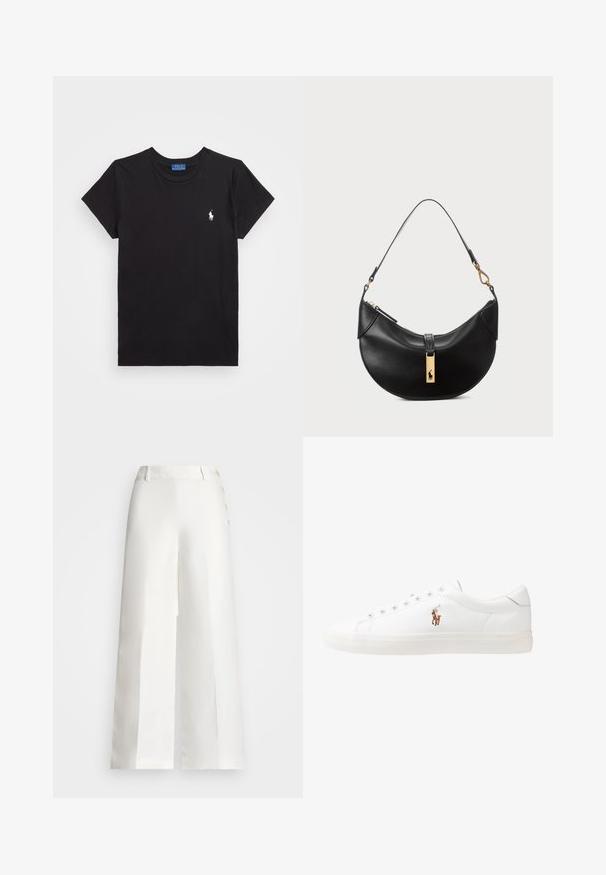 Svart bomull t-shirt med rundad halsringning, kort ärm och en vit broderad logotyp på vänster bröst. Slät textur, avslappnad design.; Lauren Ralph Lauren BASHRALLE CROPPED FLAT FRONT - Tygbyxor - white; Vita lädersneakers, låg design, med en slät yta, rund tå, snörning fram och en liten broderad logotyp på sidan.; Svart läderhandväska i halvmåneform. Har en accent av guldhardware och en smal rem. Slät yta, blixtlåslås upptill.