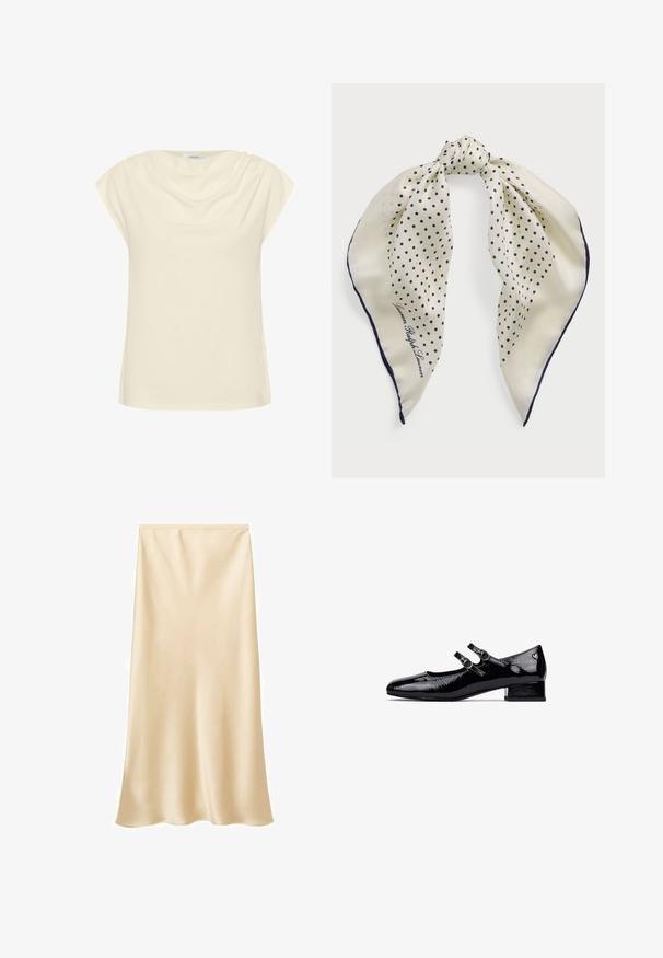 Top color crema con un corte holgado, mangas cortas enrolladas y un escote drapeado. Tela suave y lisa con un brillo sutil.; Falda midi de satén en un color beige claro. Textura suave, diseño fluido con un dobladillo ligeramente acampanado. Sin cierres ni adornos visibles.; Zapatos Mary Jane de charol negro con un bajo tacón cuadrado, diseño de doble correa y hebillas metálicas circulares. Textura suave y brillante.; Pañuelo de seda con fondo crema y lunares azul marino, atado en el centro; borde azul marino; incluye el texto "Lauren Ralph Lauren."; Bolso de mano de cuero crema con forma de media luna, herrajes dorados, acentos negros y una correa desmontable. Cuenta con un detalle de cadena y una etiqueta.