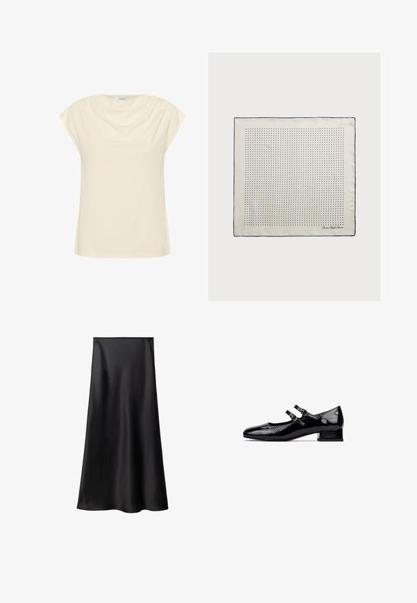 Top color crema con una vestibilità ampia, maniche corte arrotolate e scollatura drappeggiata. Tessuto morbido e liscio con una leggera lucentezza.; Gonna in satin nera con una texture liscia, silhouette a forma di A e design a lunghezza intermedia. Presenta una vita senza soluzione di continuità e una caduta fluida.; Scarpe Mary Jane in vernice nera con tacco basso a blocco, design a doppia cinghia e fibbie circolari in metallo. Texture liscia e lucida.; Foulard di seta color crema con bordo navy, caratterizzato da puntini navy uniformemente distribuiti che formano un motivo. Firma stampata nell'angolo.