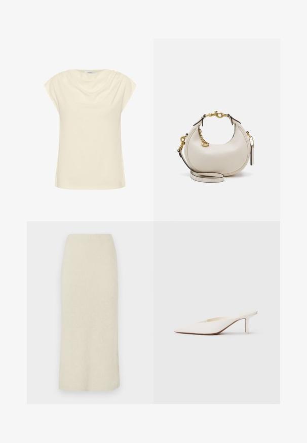 Kremasti top s labavim krojem, kratkim zakovrčenim rukavima i drapiranim izrezom. Meka, glatka tkanina s suptilnim sjajem.; Krem suknja olovka dužine do koljena, izrađena od mekanog, teksturiranog materijala s visokim strukom.; Bijele mule sa šiljastim vrhom i niskom stiletto petom. Napravljene su od glatkog materijala s minimalističkim dizajnom i suptilnim bež detaljem na potplatu.; Kremavna kožna torba u obliku polumjeseca, zlatni detalji, crni akcenti i uklonjiva naramenica. Ima lančani detalj i oznaku.