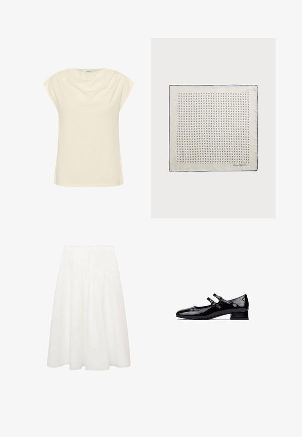 Kremowy bluzka o luźnym kroju, z krótkimi, podwiniętymi rękawami i drapowanym dekoltem. Miękka, gładka tkanina o delikatnym blasku.; Biała midi spódnica wykonana z lekkiego materiału, z dopasowaną talią i miękkimi fałdami dodającymi objętości. Gładka, płynna tekstura bez wzorów.; Czarne lakierowane buty typu Mary Jane na niskim obcasie blokowym, z podwójnym zapięciem i okrągłymi metalowymi klamrami. Gładka, błyszcząca powierzchnia.; Jedwabny szalik w kremowym kolorze z granatową ramką, ozdobiony równomiernie rozmieszczonymi granatowymi kropkami tworzącymi wzór. Sygnatura nadrukowana w rogu.; Kremowa skórzana torebka w kształcie półksiężyca, z złotymi elementami, czarnymi akcentami oraz odpinanym paskiem. Posiada dodatkowo detal w postaci łańcucha oraz metkę.