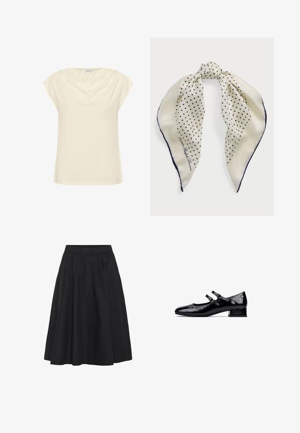 Cremfarbener Oberteil mit lockerer Passform, kurzen, umgeschlagenen Ärmeln und einem drapierten Ausschnitt. Weicher, glatter Stoff mit einem dezenten Glanz.; Schwarzer Rock mit elastischem Bund, schwingendem Design, knielang, aus glattem Stoff mit minimalen Nähdetails.; Schwarze Lackleder-Mary-Jane-Schuhe mit niedrigem Blockabsatz, doppeltem Riemendesign und runden Metall-Schnallen. Glatte, glänzende Textur.; Seidenschal mit einem cremfarbenen Hintergrund und marineblauen Punkten, in der Mitte gebunden; marineblauer Rand; enthält den Text "Lauren Ralph Lauren."; Cremfarbene Lederhandtasche in Mondform, mit goldenen Akzenten, schwarzen Details und einem abnehmbaren Gurt. Sie verfügt über eine Kettendetail und einen Anhänger.
