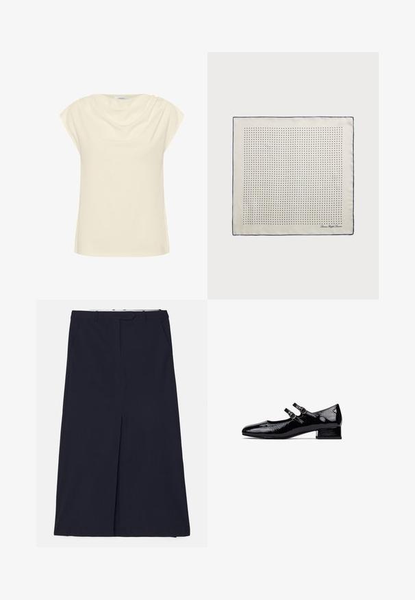Kremowy bluzka o luźnym kroju, z krótkimi, podwiniętymi rękawami i drapowanym dekoltem. Miękka, gładka tkanina o delikatnym blasku.; DESIGNERS REMIX SCOTT granatowy; Czarne lakierowane buty typu Mary Jane na niskim obcasie blokowym, z podwójnym zapięciem i okrągłymi metalowymi klamrami. Gładka, błyszcząca powierzchnia.; Jedwabny szalik w kremowym kolorze z granatową ramką, ozdobiony równomiernie rozmieszczonymi granatowymi kropkami tworzącymi wzór. Sygnatura nadrukowana w rogu.; Kremowa skórzana torebka w kształcie półksiężyca, z złotymi elementami, czarnymi akcentami oraz odpinanym paskiem. Posiada dodatkowo detal w postaci łańcucha oraz metkę.