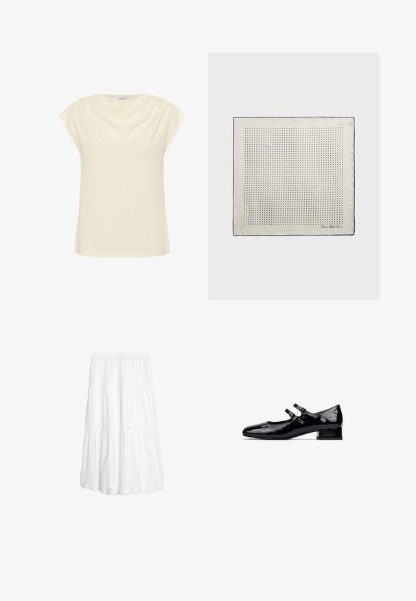 Crème-kleurige top met een losse pasvorm, korte opgerolde mouwen en een gedrapeerde halslijn. Zachte, gladde stof met een subtiele glans.; Witte gelaagde rok van lichtgewicht stof. Voorzien van kantaccenten en een elastische tailleband. Vloeiende pasvorm met een middellange snit.; Zwarte gepatineerde leren Mary Jane-schoenen met een lage blokhak, dubbel bandontwerp en ronde metalen gespen. Glad, glanzend oppervlak.; Zijden sjaal in crème met een marineblauwe rand, voorzien van gelijkmatig verdeeld marineblauwe stippen die een patroon vormen. Handtekening gedrukt in de hoek.; Crème leren handtas met een halve maan vorm, gouden hardware, zwarte accenten en een afneembare schouderband. Heeft een kettingdetail en label.