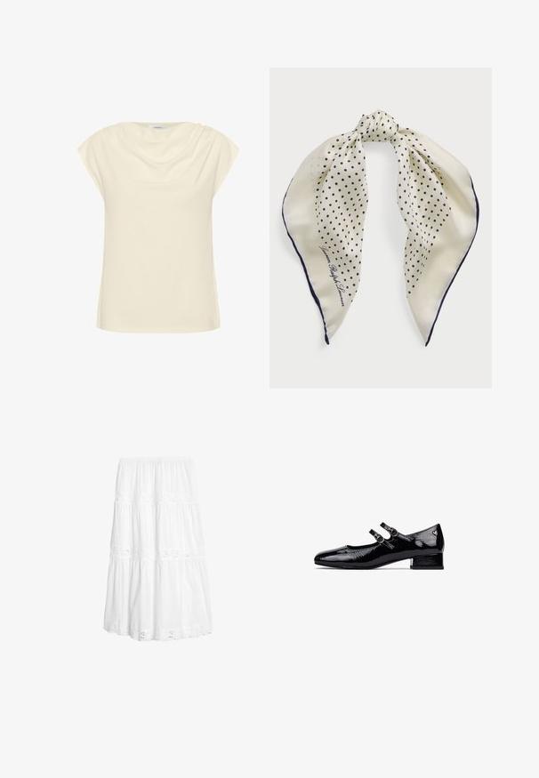 Cremfarbener Oberteil mit lockerer Passform, kurzen, umgeschlagenen Ärmeln und einem drapierten Ausschnitt. Weicher, glatter Stoff mit einem dezenten Glanz.; Weißer, gestufter Rock aus leichtem Stoff. Verfügt über Spitzenakzente und einen elastischen Bund. Fließendes Design mit einem mittellangen Schnitt.; Schwarze Lackleder-Mary-Jane-Schuhe mit niedrigem Blockabsatz, doppeltem Riemendesign und runden Metall-Schnallen. Glatte, glänzende Textur.; Seidenschal mit einem cremfarbenen Hintergrund und marineblauen Punkten, in der Mitte gebunden; marineblauer Rand; enthält den Text "Lauren Ralph Lauren."; Cremfarbene Lederhandtasche in Mondform, mit goldenen Akzenten, schwarzen Details und einem abnehmbaren Gurt. Sie verfügt über eine Kettendetail und einen Anhänger.