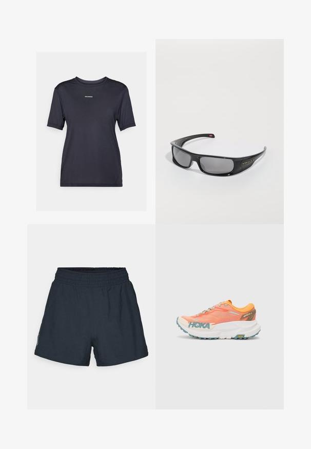 T-shirt de sport noir à manches courtes fabriqué en tissu léger, avec un col rond et un petit logo de marque sur le devant.; Shorts de sport bleu marine foncé en tissu léger. Taille élastique, coupe ample et sans poches ni motifs visibles.; Baskets de course orange et rose avec tige en maille, semelle intermédiaire blanche, semelle extérieure Vibram et accents bleu clair. Présente le logo HOKA sur le côté.; Lunettes de soleil noires Oakley en forme d'enroulement avec des verres rectangulaires foncés et des bras courbés sur un fond blanc uni.