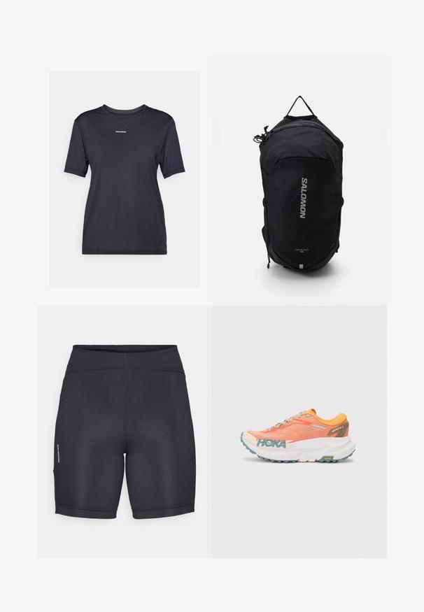 Juoda, trumpa rankovėse sportinė marškinėlė, pagaminta iš lengvos medžiagos, su apvalia iškirpte ir mažu prekės ženklu ant priekio.; Juodi sportiniai šortai iš lygios, tamprios medžiagos. Yra aukšta juosmens linija ir šoniniai logotipo akcentai. Paprastas, stilingas dizainas.; Oranžinės ir rožinės bėgimo sportbačiai su tinkliniu viršumi, baltu vidpadžiu, Vibram padu ir šviesiai mėlynomis akcentais. Su HOKA ženklu šone.; Juodas „Salomon Trailblazer 10“ kuprinė su apvalia forma, tekstūruota medžiaga, priekiniais užtrauktukais ir atspindinčio logotipo detalėmis.
