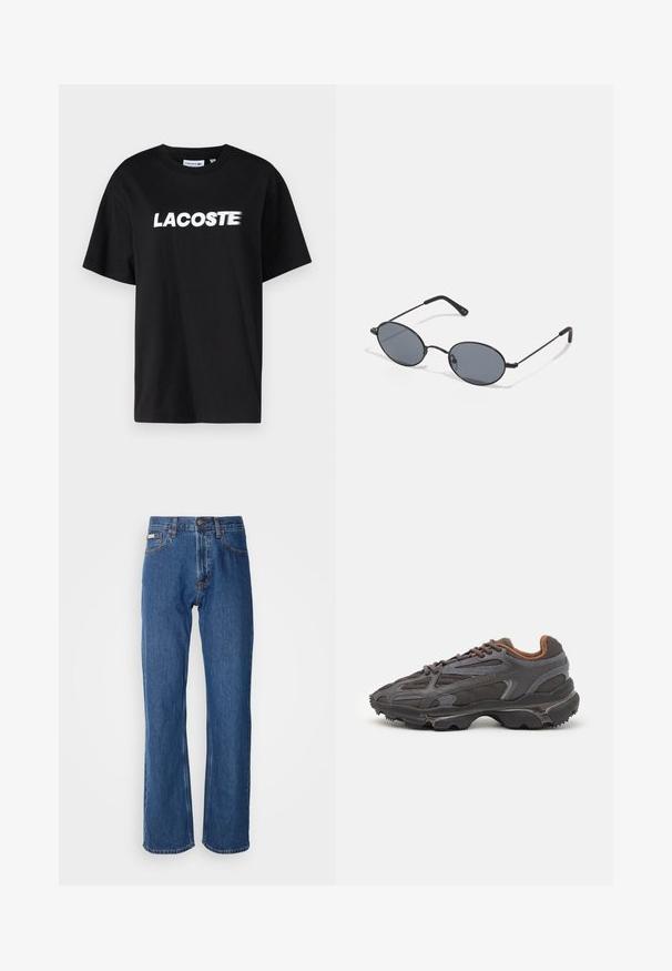 T-shirt in cotone nero con logo "LACOSTE" stampato in bianco sul davanti. Maniche corte e scollo rotondo. Vestibilità classica e rilassata.; I jeans in denim blu presentano una forma a gamba dritta, un classico design a cinque tasche e cuciture in contrasto lungo le cuciture.; Sneaker Lacoste grigie scure in materiale mesh e sintetico, con suola testurizzata e dettagli marroni sul colletto e sul branding.; Occhiali da sole ovali neri con lenti scure e montatura in metallo sottile. Presentano aste slanciate con una leggera curva alle estremità.