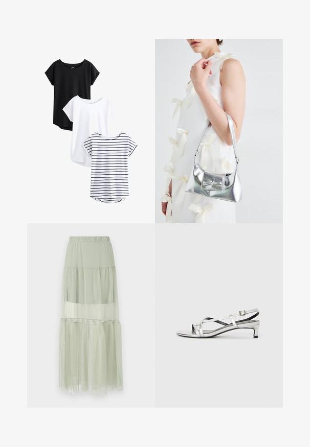 Trīs īslaicīgas piedurknes T-krekli: viens melns, viens balts un viens balts ar tumši ziliem svītrainiem. Visiem ir noapaļots kakla izgriezums un mīksts kokvilnas audums.; Gaiši zaļš slāņots svārku, kas izgatavots no caurspīdīgas auduma, ar elastīgu jostasvietu un plūstošu, pakāpenisku dizainu ar mīkstu tekstūru.; Sudraba metāliska slēgta papēža sandale ar zemu papēdi, kurai ir krustveida siksnas un gluda virsma. Minimalistisks dizains.; Sudraba metāla rokassoma ar struktūru formu, aprīkota ar augšējo rokturi un priekšpusē esošu loku. Gluda tekstūra, atstarojoša virsma.