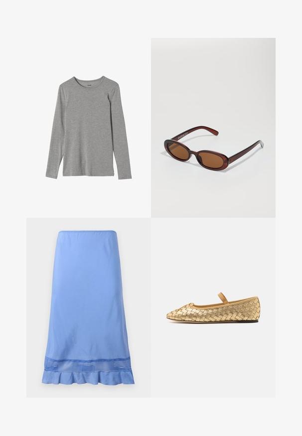 Camiseta de manga larga gris hecha de tejido suave, con cuello redondo y corte recto; textura lisa sin patrones ni adornos.; Falda de color azul claro, a la altura de la rodilla, fabricada con una tela suave, que presenta un dobladillo con volantes y un acento de malla cerca de la parte inferior. Diseño simple de poner.; Loeffler Randall LEONIE SOFT BALLET FLAT - Bailarinas con hebilla - gold; Gafas de sol redondas con tinte marrón y un marco burdeos brillante. Patillas delgadas con un sutil detalle de marca. Diseño de lentes planos.; Bolso de mano de cuero burdeos trenzado con un cuerpo redondeado, asa gruesa y abertura con cremallera. Presenta una textura suave y un patrón entrelazado.