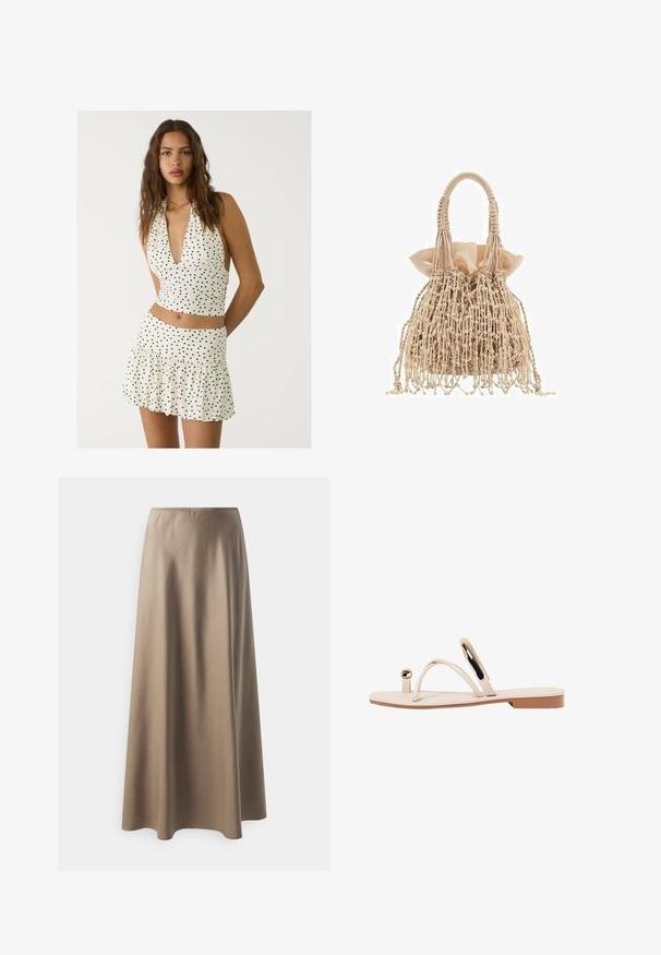 Valkoinen halterneck-toppi, jossa on mustia pallokuvioita, syvä V-pääntie ja rypytetty muotoilu. Yhdistetty vastaavanlaiseen kerrokselliseen mini-hameeseen.; Hame pituudeltaan keskikokoinen, valmistettu sileästä beigeistä kankaasta, jossa on joustava vyötärö ja valuva, löysä siluetti. Ei näkyviä kuvioita tai korostuksia.; Beige litte sandaalit ohuilla hihnoilla, pyöreällä yksityiskohdalla ja sileällä pohjalla. Suunnitelmassa on minimalistinen muoto ja kiiltävä pinta.; Kudottu beige käsilaukku, jossa on teksturoitu muotoilu, jossa on rypytetty satiinisisus ja fringed-yksityiskohdat, viimeistelty kahdella punotulla kahvalla.