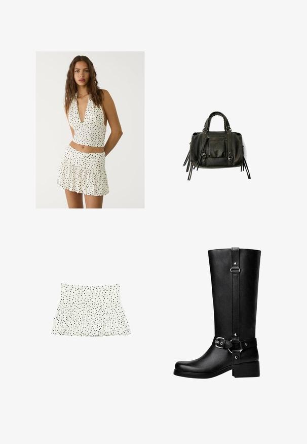 Weißes Halsbandoberteil mit schwarzen Punkten, das einen tiefen V-Ausschnitt und einen gerafften Schnitt aufweist. Kombiniert mit einem passenden gestuften Minirock.; Weißer Stoffrock mit gerafftem Design, der ein schwarzes Punkte-Muster hat. Elastischer Bund mit schwingendem Saum.; Hohe schwarze Kunstlederstiefel mit einer abgerundeten Zehe, einem Akzentgürtel-Schnallen-Detail und einem stabilen Absatz. Glatte Textur und vertikale Naht am Schaft.; Schwarze Lederhandtasche mit geflochtenen Griffen, Reißverschlussfach und hängenden Quasten. Strukturiert Oberfläche mit Metallnieten und Hardware-Akzenten.