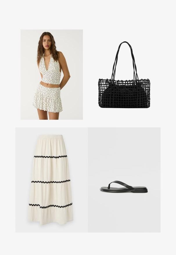 Bílý top na ramínka s černými puntíky, s hlubokým véčkovým výstřihem a řaseným designem. Spárován se šaty s volány mini sukně ve stejném stylu.; Zvýšená sukně až po kotníky v krémové látce s černým vlnkovým lemem. Má elastický pas pro pohodlí a splývavý, lehký materiál.; Černé žabky vyrobené z hladké kůže, s tenkým designem popruhu a plochou podrážkou s minimálním profilem. Žádné výrazné vzory ani akcenty.; Černá tkaná kabelka s otevřeným síťovaným designem a dvěma dlouhými ušima. Obsahuje pevnou černou vnitřní tašku pro úložný prostor.
