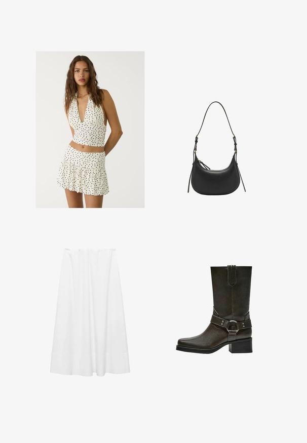 Bijela halter majica s crnim točkicama, koja ima duboki V izrez i naborani dizajn. Kombinirana s odgovarajućom mini suknjom s slojevima.; Bijela midi suknja izrađena od lagane tkanine, s elastičnom strukom, glatkom teksturom i lagano proširenim siluetom s rubom.; Smeđe kožne gležnjače sa četvrtastim vrhom, kratkim blok potplatom i dekorativnim remenom sa kopčom od srebrnog metala. Glatka tekstura, jednostavan dizajn.; Crna kožna torba preko ramena s kružnim oblikom, podesivim remenom, zlatnim metalnim obrubima i glatkom teksturom.