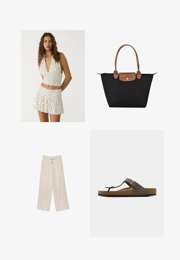White halter top with black polka dots, featuring a deep V-neck and ruched design. Paired with a matching tiered mini skirt.; Beige linen wide-leg pants, featuring a drawstring waist, two side pockets, and a slightly textured fabric for breathability and comfort.; Olive green flip-flop sandal with a cork footbed, rubber sole, and a decorative metal buckle accent on the strap. Minimalist design and texture.; Black nylon tote bag with brown leather accents and handles. Features a snap closure and a front pocket with a logo detail.