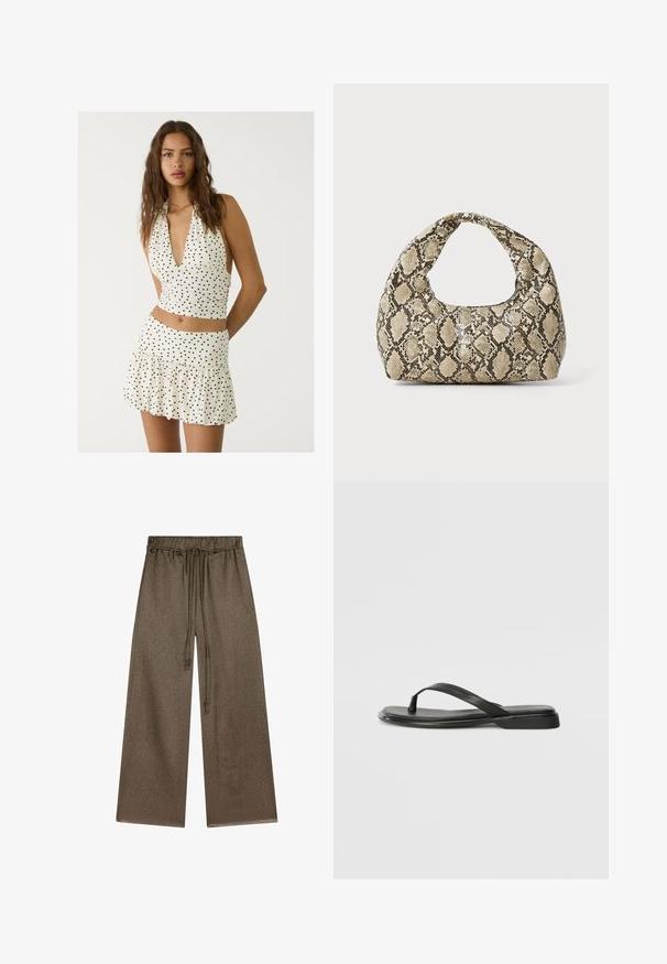Weißes Halsbandoberteil mit schwarzen Punkten, das einen tiefen V-Ausschnitt und einen gerafften Schnitt aufweist. Kombiniert mit einem passenden gestuften Minirock.; Weite Beinform in Olivgrün, aus weichem, strukturiertem Stoff. Mit einem elastischen Bund und Kordelzug sowie seitlichen Taschen.; Schwarze Flip-Flops aus glattem Leder, mit einem dünnen Riemendesign und einer flachen Sohle mit minimalem Profil. Keine bemerkenswerten Muster oder Akzente.; Schlangenmuster-Tasche mit einem gebogenen Griff. Hergestellt aus strukturierten, beige- und braunfarbenen Materialien, die ein markantes Diamantmuster aufweisen.