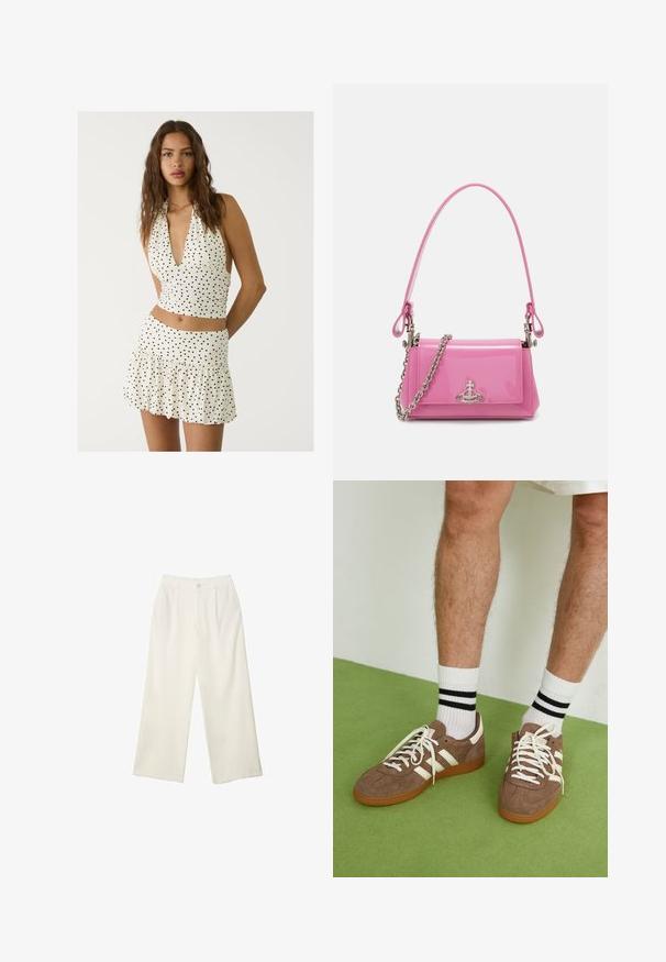 Weißes Halsbandoberteil mit schwarzen Punkten, das einen tiefen V-Ausschnitt und einen gerafften Schnitt aufweist. Kombiniert mit einem passenden gestuften Minirock.; Helle Stoffhose mit weitem Bein und glatter Textur, ausgestattet mit einem einzelnen Knopf vorne, dezenten Falten und einem Hochbund-Design.; Braune Wildleder-Sneaker mit weißen Akzenten und Schnürsenkeln. Gummisohle in Kautschuk-Optik. Getragen mit weißen Socken, die schwarze Streifen haben. Grüner strukturierter Fußboden.; Rosa lackierte Handtasche mit rechteckiger Form, abnehmbarer Kettenriemen und silbernen Hardware-Details auf der Vorderseite.