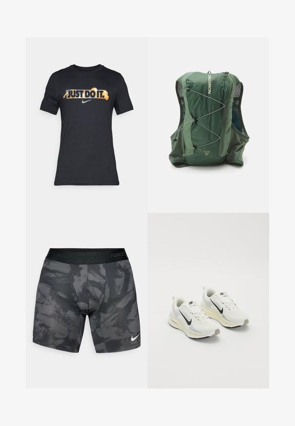 T-shirt in cotone nero con il testo "JUST DO IT." in arancione e bianco. Include il logo Nike in grigio. Maniche corte, collo rotondo.; Pantaloni sportivi neri con un motivo tessurizzato, vita elastica con la scritta "NIKE PRO" e un piccolo logo Nike bianco nella parte bassa frontale.; Scarpe da corsa realizzate in mesh bianco traspirante con accenti grigi chiari. Presentano un logo swoosh nero e una suola in gomma grigia chiara.; Zaino verde con un design aerodinamico, tessuto morbido, dettagli in rete, corde elastiche sulla parte anteriore e una tasca con zip laterale per riporre oggetti.