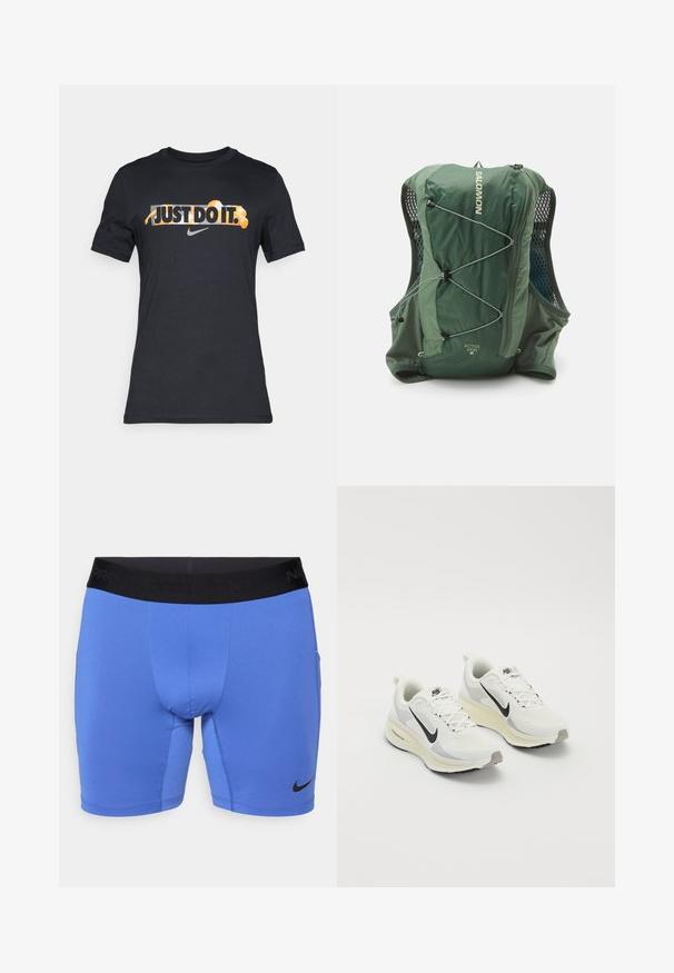 Zwarte katoenen T-shirt met de tekst "JUST DO IT." in oranje en wit. Inclusief het Nike-logo in grijs. Korte mouwen, ronde hals.; Blauwe sportshorts van rekbaar materiaal, met een zwarte elastische tailleband met de tekst "Nike Pro" en een klein zwart logo aan de onderkant links.; Hardloopschoenen gemaakt van witte ademende mesh met lichtgrijze accenten. Voorzien van een zwart swoosh-logo en een lichtgrijze rubberen loopzool.; Groene rugzak met een gestroomlijnd ontwerp, zachte stof, gaasaccenten, bungykoorden aan de voorkant en een zijritszak voor opbergruimte.