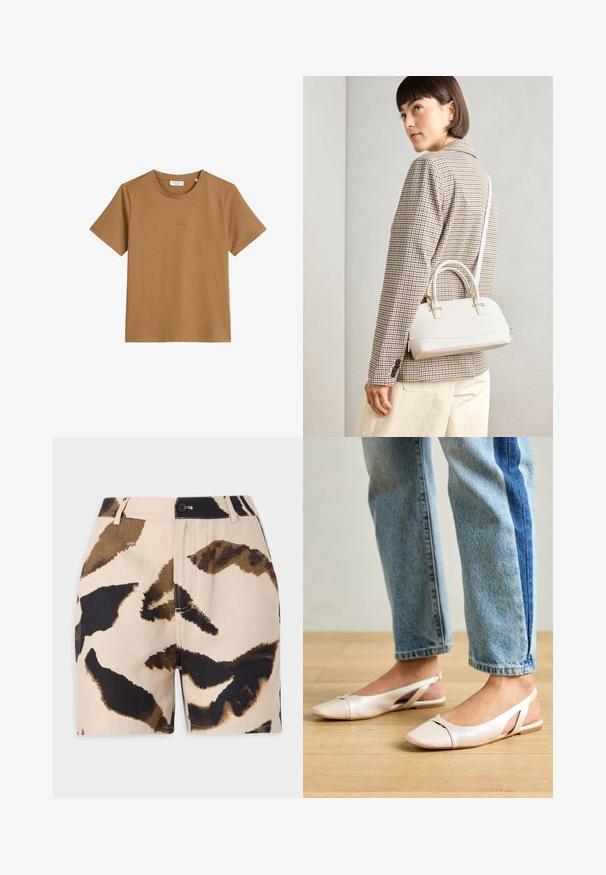Braunes Baumwoll-T-Shirt mit kurzen Ärmeln, runder Ausschnitt und einem dezenten Logo auf der Vorderseite. Glatte Textur und schlichtes Design.; Beige Shorts mit braunem und schwarzem abstraktem Tiermuster, ausgestattet mit einem Knopfverschluss, Gürtelschlaufen und einem strukturierten Stoff.; Blassrosa Slingback-Ballerinas mit spitzem Punkt, aus einem glatten, lederähnlichen Material. Mit Ausschnitten an den Seiten und einem flachen Absatz.; Weiße strukturierte Handtasche mit kurzen Griffen und einem Schultergurt, ausgestattet mit goldfarbenen Hardware-Elementen und strukturiertem Material, vor einem grauen Hintergrund präsentiert.
