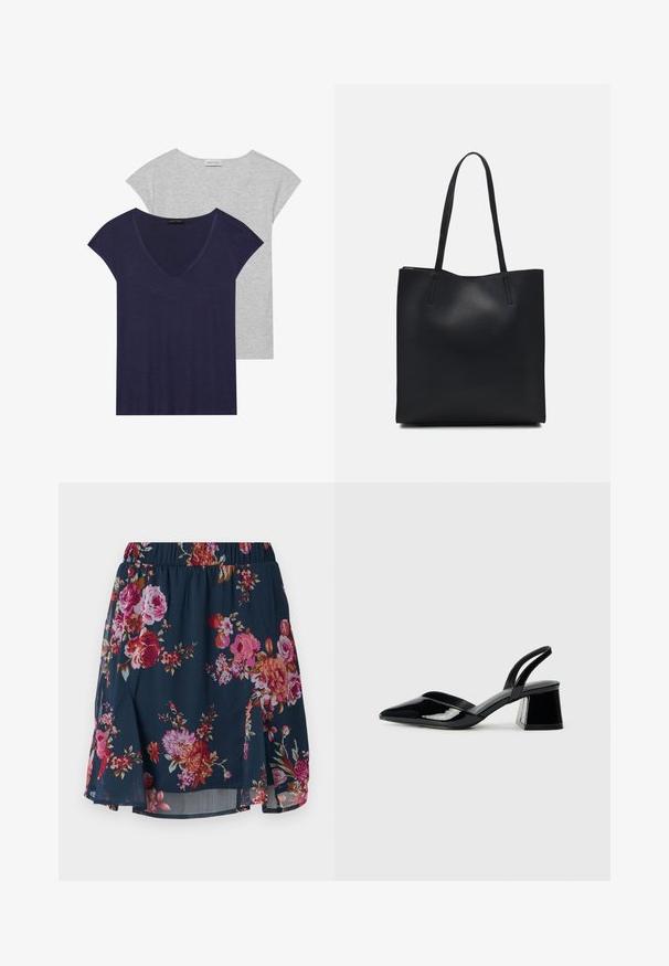 Duas t-shirts de manga curta: uma azul-marinho com decote em V e uma cinza-claro. Ambas apresentam uma textura macia e suave, com um ajuste descontraído.; Saia floral em tecido azul marinho com flores cor de rosa, vermelhas e laranjas. Apresenta uma cintura elástica e um design evasê com fendas laterais.; Sandy em verniz preto com salto slingback, ponta afilada e salto geométrico. Apresenta um design elegante e minimalista com textura suave.; Bolsa tote preta em couro com textura lisa, forma retangular e duas alças longas. Sem hardware ou enfeites visíveis.