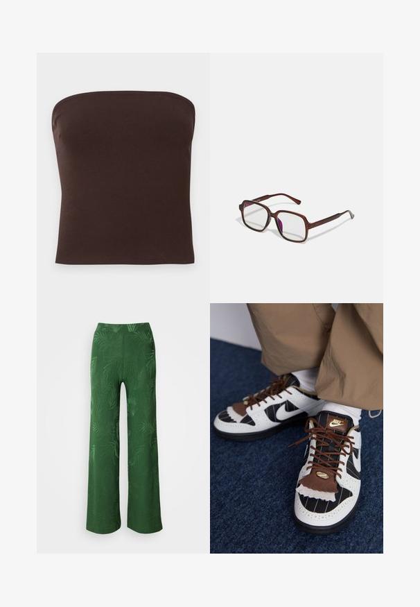 Brūns bezpiedurkņu tops, izgatavots no ribota auduma. Gluda tekstūra ar pieguļošu formu un tīrām malām. Nav redzamu logo vai rakstu.; Anna Field Auduma bikses - green; Nike sporta apavi, kas izgatavoti no baltas, melnas un brūnas krāsas materiāliem. Iezīmējas ar teksturētu brūnu atloku, svītraina dizaina un tradicionālu kaklasaiti ar zelta akcentiem.; Brūnas, taisnstūra formas brillēs ar caurspīdīgām lēcām un purpura nokrāsām. Gluda plastmasas apdare ar taisnām tempļiem un smalkiem akcentiem.; Trīsslāņu kaklarota, kas ietver zelta ķēdes, sudraba pērlu virkni un centrālu mezglu detaļu. Ietver regulējamu aizdari.