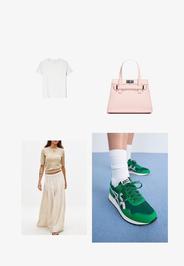 Lys grå t-shirt med korte ærmer lavet af blødt stof. Rund halsudskæring, afslappet pasform, ingen synlige mønstre eller accenter, enkel design.; Beige strikket kortærmet top kombineret med en lang, flowy cremefarvet nederdel med lodrette plisseringer og en glat tekstur.; Grønne mesh- og syntetiske sneakers med hvide accenter og sort gummisål. Har snøringer, polstret krave og ASICS-logo på tungen.; Rosa struktureret håndtaske lavet af tekstureret læder, med to top håndtag, en låseanordning og kontrasterende metalaccenter.
