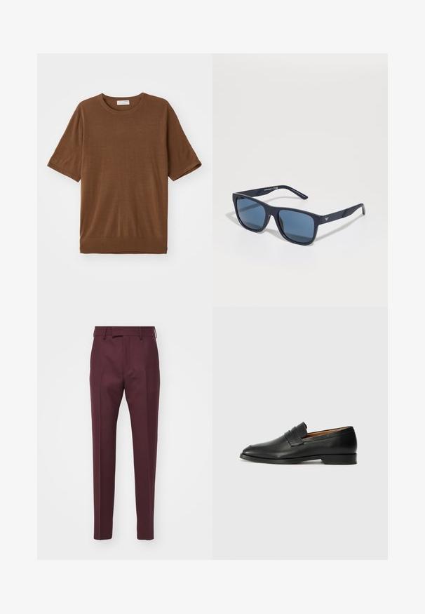 Brun kortermet t-skjorte laget av mykt stoff, med rund halsutskjæring og en litt løs passform med ribbestrikket kant.; Burgunderfargede skreddersydde bukser med rett snitt, glatt tekstur og pressede folder. Har beltehemper og framlommer.; Svart skinnloafer med rund tå, subtilt sydd detaljering og lav hæl, med en glatt tekstur og minimalistisk design.; Blå rektangulære solbriller med mørke linser, matt marineblå ramme, logo-detajler på stengene, rette armer og en solid, glatt tekstur.