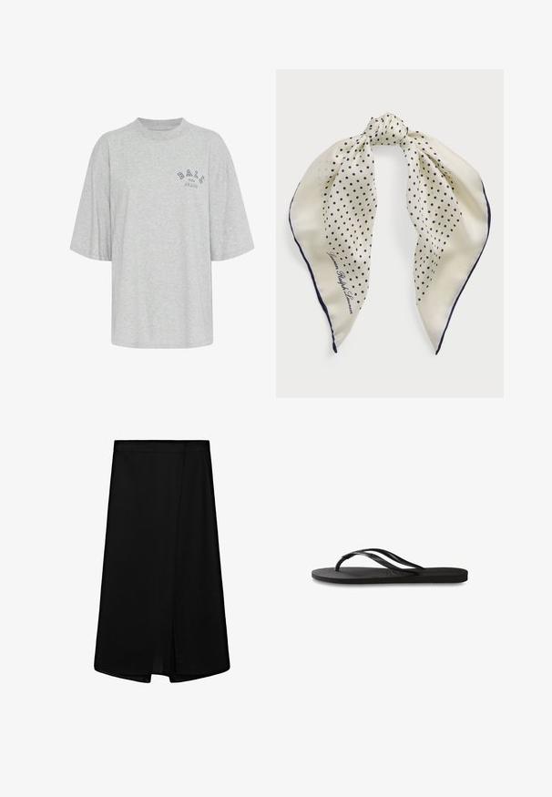 Grå oversized t-shirt lavet af bomuld, med rund hals, korte ærmer og et trykt logo i marineblå, der læser "BALL THE JEANS".; Sort knælængde nederdel med høj talje og en detalje med frontslids.; Sorte flip-flop med en tekstureret gummisål, to slanke stropper og et subtilt, præget logodetalje på stroppen.; Silk tørklæde med en cremefarvet baggrund og marineblå polka dot-mønster, bundet i midten; marineblå kant; inkluderer teksten "Lauren Ralph Lauren."; Brun ruskinds håndtaske med en struktureret form, sølvfarvet logo hardware, kort håndtag og en aftagelig skulderrem. Glat tekstur, minimalistisk design.