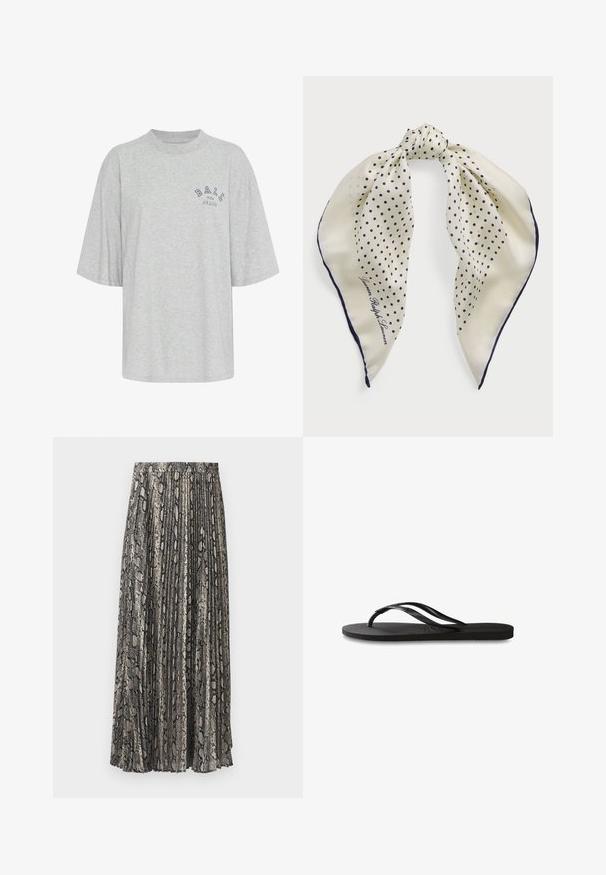 Šedé oversized tričko vyrobené z bavlny, s kulatým výstřihem, krátkými rukávy a potištěným logem v námořnické modři s nápisem "BALL THE JEANS".; Plisovaná midisukně se vzorem hadí kůže v odstínech šedé, černé a béžové. Vyrobena z lehkého materiálu s elastickým pasem.; Černé žabky s texturovanou gumovou podrážkou, dvěma štíhlými popruhy a jemným, embosovaným logem na popruhu.; Hedvábný šátek s krémovým pozadím a námořnickými puntíky, uvázaný uprostřed; námořnický okraj; zahrnuje text "Lauren Ralph Lauren."; Hnědá semišová kabelka se strukturovaným tvarem, stříbrnými logovými kovovými doplňky, krátkým držadlem a odnímatelným ramenním popruhem. Hladký povrch, minimalistický design.