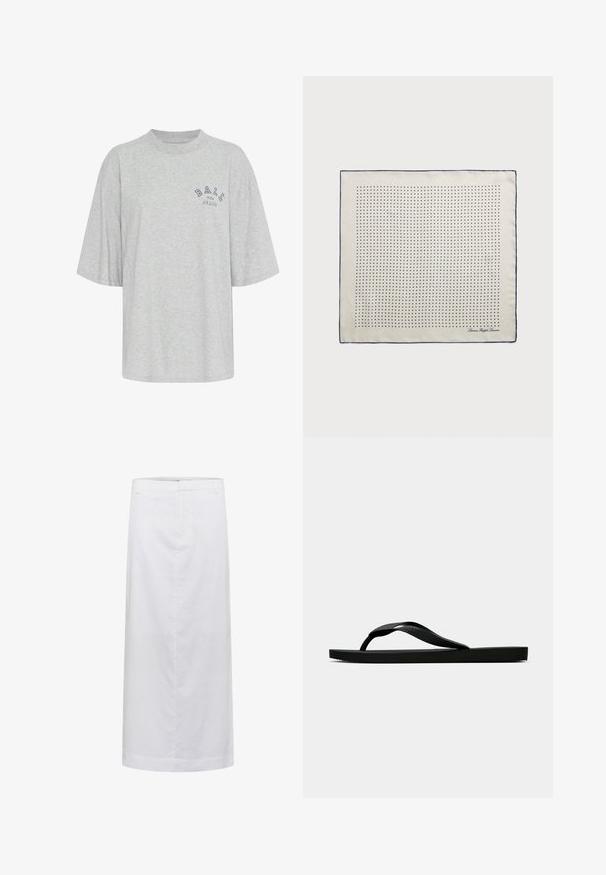 Pelēka, pārāk liela kokvilnas t-kreklu ar apaļu kaklu, īsām piedurknēm un drukātu jūras zilo logotipu ar tekstu "BALL THE JEANS".; Balta lina midi svārki ar taisnu griezumu, kas ir ar gludu tekstūru, minimālu šuvju skaitu un jostas joslu pielāgotai piegriezumam.; Melna gumijas flip-flop sandaļa ar teksturētu nolaists jostu un vienkāršu plakanā zole, attēlota no sāniem uz vienkārša gaiša fona.; Zīda lakats krēmkrāsā ar tumši zilu apmali, uz tā vienmērīgi izvietotas tumši zilu punktu raksts. Autogrāfs iespiests stūrī.; Brūns zamša rokassoma ar strukturētu formu, sudraba logo aparatūru, īsu rokturi un noņemamu plecu siksnu. Gluda tekstūra, minimālisma dizains.