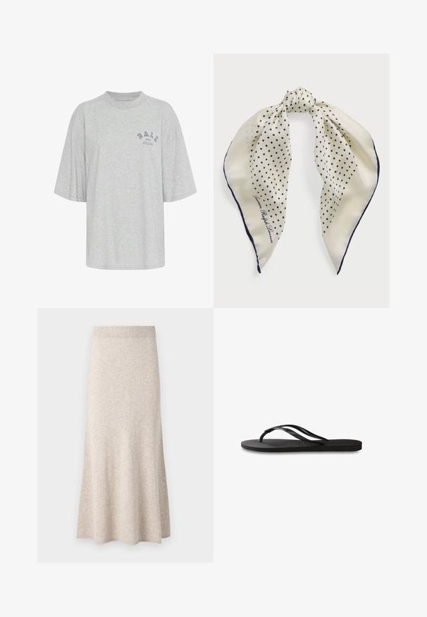 T-shirt gris surdimensionné en coton, avec un col rond, des manches courtes et un logo imprimé en marine portant l'inscription "BALL THE JEANS".; Jupe tricotée beige clair avec une taille côtelée, en forme de triangle évasé, et texture douce, présentant de légères variations dans le tissu.; Tongs noires avec une semelle en caoutchouc texturée, deux fines lanières et un détail de logo embossé subtil sur la lanière.; Écharpe en soie avec un fond crème et des pois navy, nouée au centre ; bord navy ; comprend le texte "Lauren Ralph Lauren."; Sac à main en daim marron avec une forme structurée, quincaillerie logo en argent, anses courtes et bandoulière amovible. Texture lisse, design minimaliste.