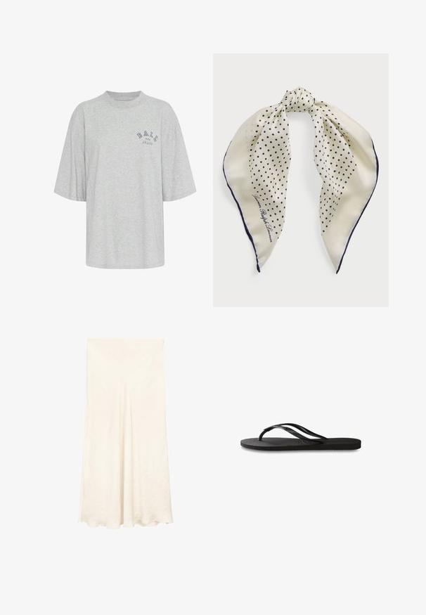 T-shirt grigio oversize in cotone, con scollo rotondo, maniche corte e un logo stampato in blu navy che recita "BALL THE JEANS".; Gonna maxi bianca e fluida realizzata in un tessuto textured. Presenta un design a vita alta e una morbida caduta. L'orlo è leggermente curvato nella parte inferiore.; Infradito neri con suola in gomma testurizzata, due cinghie sottili e un sottile dettaglio del logo impresso sulla cinghia.; Foulard di seta con sfondo crema e pois blu navy, annodato al centro; bordo blu navy; include il testo "Lauren Ralph Lauren."; Borsa in suede marrone con forma strutturata, hardware in logo argentato, manico corto e tracolla removibile. Texture liscia, design minimalista.