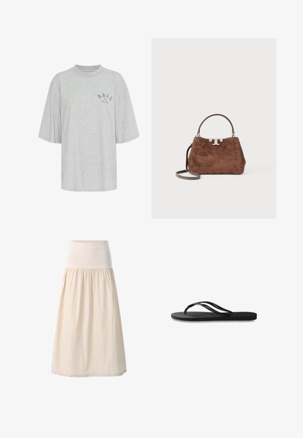 Grijze oversized t-shirt van katoen, met een ronde hals, korte mouwen en een blauwe opdruk met de tekst "BALL THE JEANS".; Beige, middellange rok met een brede elastische tailleband en gathered, vloeiende stof. Soepele textuur met een zachte, lichtgewicht uitstraling.; Zwarte flip-flop met een gestructureerde rubberen zool, twee slanke banden en een subtiele, ingedrukte logo-detail op de band.; Bruine suède handtas met een gestructureerde vorm, zilveren logo hardware, korte handgreep en een afneembare schouderriem. Gladde textuur, minimalistisch ontwerp.
