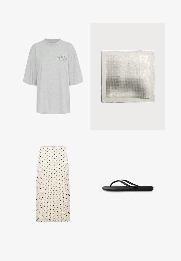 Grå oversized t-shirt lavet af bomuld, med rund hals, korte ærmer og et trykt logo i marineblå, der læser "BALL THE JEANS".; Plisseret midi-nederdel i creme med sorte polka-dots. Har en glat tekstur og en tætsiddende talje. Længde til midten af læggen.; Sorte flip-flop med en tekstureret gummisål, to slanke stropper og et subtilt, præget logodetalje på stroppen.; Selsjal i cremefarve med en marineblå kant, der har jævnt fordelte marineblå prikker, som danner et mønster. Signatur trykt i hjørnet.; Brun ruskinds håndtaske med en struktureret form, sølvfarvet logo hardware, kort håndtag og en aftagelig skulderrem. Glat tekstur, minimalistisk design.