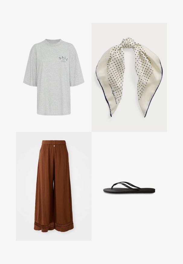 Harmaa ylisuurikokoinen t-paita, joka on valmistettu puuvillasta. T-paidassa on pyöreä kaula-aukko, lyhyet hihat ja tummansininen printtilogo, jossa lukee "BALL THE JEANS".; Vaaleat ruskeat leveälahkeiset housut, jotka on valmistettu teksturoidusta kankaasta. Housuissa on kerätty vyötärö ja pitsikoristeet helmassa.; Mustat flip-flopit, joissa on röpelöinen kumipohja, kaksi hoikkaa remmiä ja hillitty, kohokuvioitu logotyyli remmissä.; Silkkihuivi, jossa on kerma-tausta navy-pilkuilla, solmittu keskeltä; navy-reunus; sisältää tekstin "Lauren Ralph Lauren."; Ruskohvainen mokkasaumallinen käsilaukku, jossa on rakenteellinen muoto, hopeinen logo metalliosissa, lyhyt kahva ja irrotettava olkahihna. Sujuva pinta, minimalistinen muotoilu.