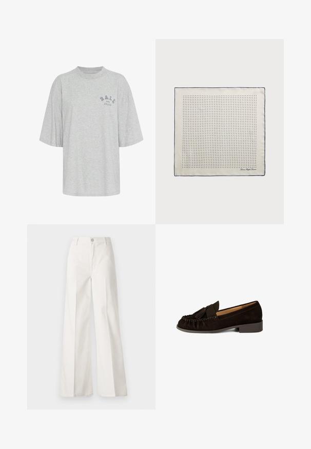 Grå oversized t-shirt lavet af bomuld, med rund hals, korte ærmer og et trykt logo i marineblå, der læser "BALL THE JEANS".; Hvide vidde bukser lavet af bomuld med en glat tekstur. Har en frontknap, lynlås, og fire-lomme design.; Brune ruskinds mokkasiner med rund tå, plisseret detaljer og en lille kvast-accent. Har en lav, let hævet hæl.; Selsjal i cremefarve med en marineblå kant, der har jævnt fordelte marineblå prikker, som danner et mønster. Signatur trykt i hjørnet.; Brun ruskinds håndtaske med en struktureret form, sølvfarvet logo hardware, kort håndtag og en aftagelig skulderrem. Glat tekstur, minimalistisk design.